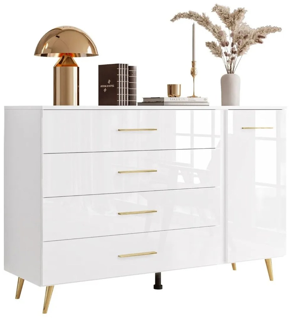 KOMODA MARION III BIELA VYSOKÝ LESK LED + ZLATÉ NOŽIČKY