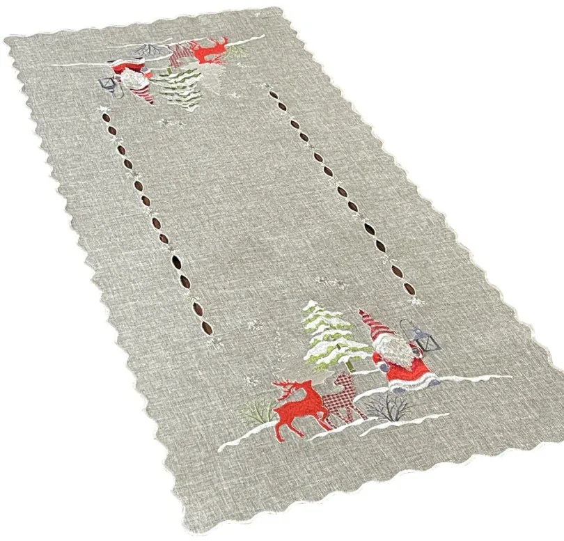 Sivá vianočná štóla s výšivkou škriatka a sobov Šírka: 40 cm | Dĺžka: 85 cm