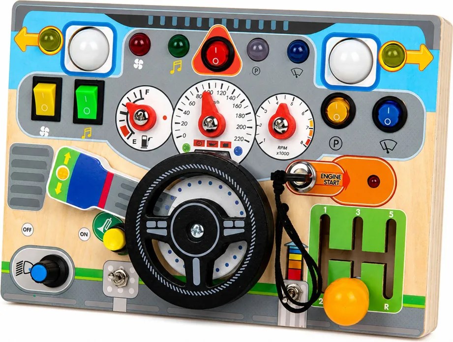 LEAN Toys Drevená vzdelávacia manipulačná tabuľa – volant, svetlá, zvuky