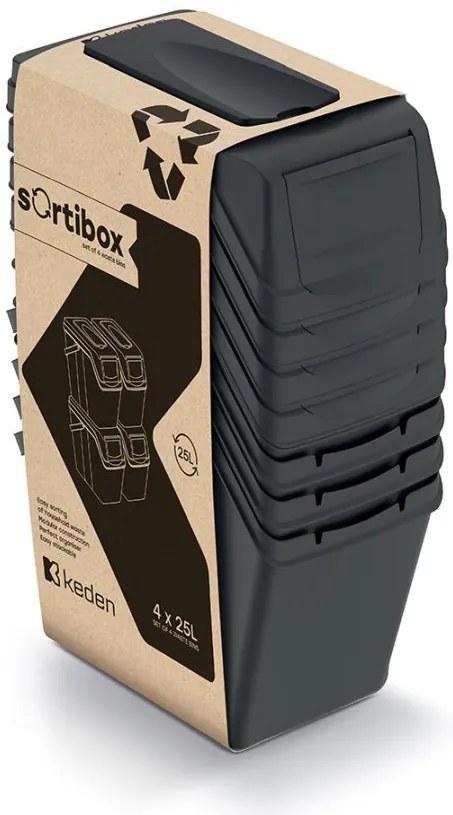 Odpadkové koše na tříděný odpad, 4ks x 25l SORTIBOX SLIM - černé