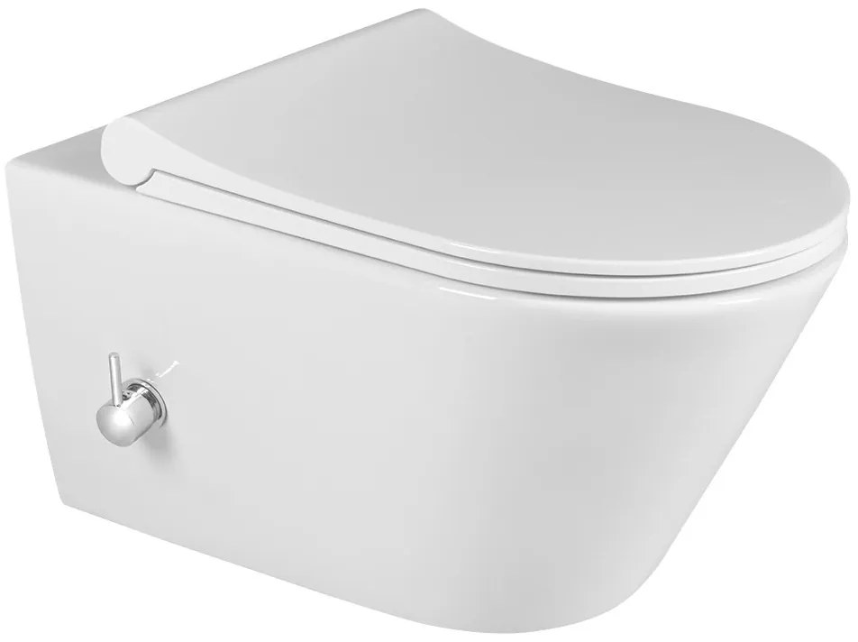 Sapho Sapho, AVVA PORTO závesná WC misa Rimless, integrovaná batéria a bidetová spŕška 35,5x53 cm, biela, 100315