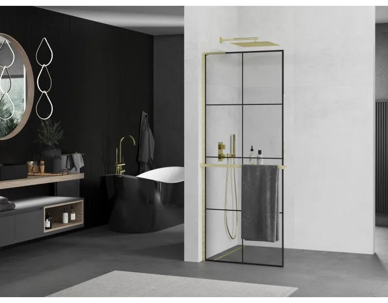 Mexen Kioto+ L, sprchová zástena Walk-In s poličkou a vešiakom 80 x 200 cm, 8mm číre sklo čierny vzor, zlatý matný profil, 800-080-123-55-77