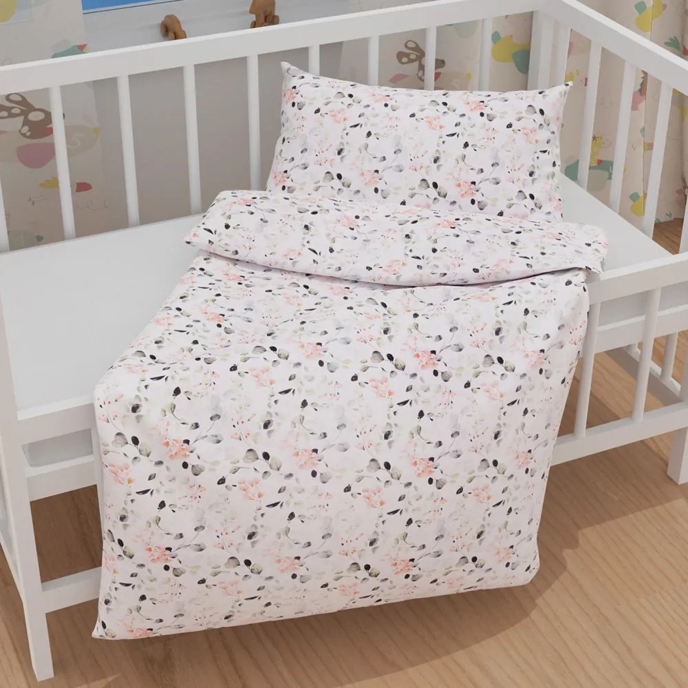 Biante Detské bavlnené posteľné obliečky do postieľky Sandra SA-288 Eukalyptus s ružovými kvetmi na bielom Do postieľky 90x130 a 40x60 cm