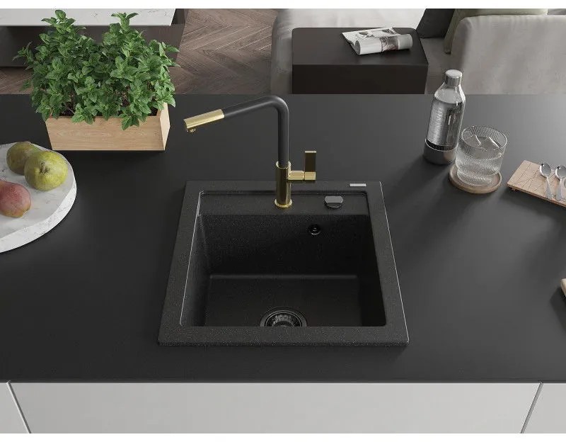Mexen Vito, 1-komorový granitový drez 490x520x210 mm a drezová batéria Flora, čierna-strieborná metalíza, 6503-73-670401-57-B