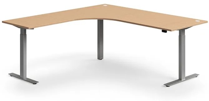 Výškovo nastaviteľný stôl FLEXUS, rohový, 2000x2000 mm, strieborný rám, buk