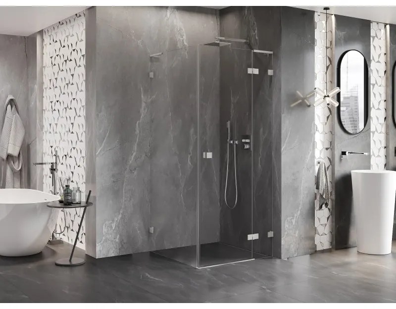 Mexen Lunar, L výklopný sprchový kút pravý 80 x 80 cm, 8mm číre sklo, oceľový profil, 834L-080-080-97-00-P