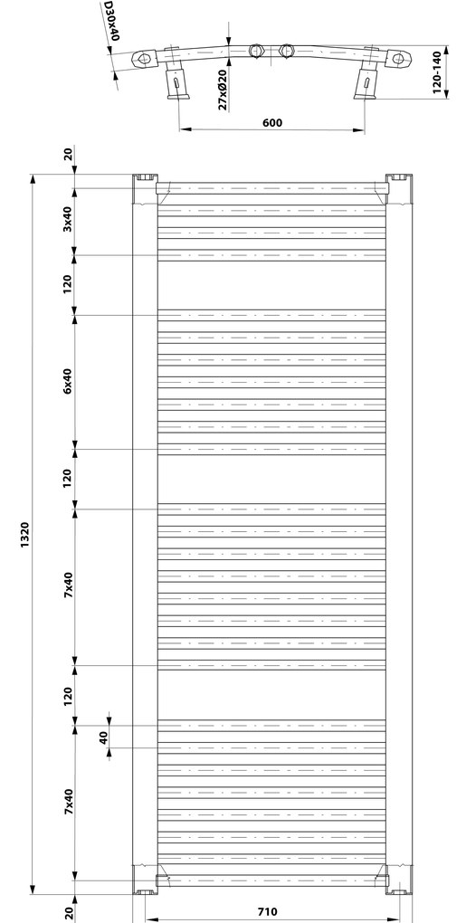 Aqualine Aqualine, ORBIT vykurovacie teleso s bočným pripojením 750x1320 mm, 996 W, biela, ILO37T