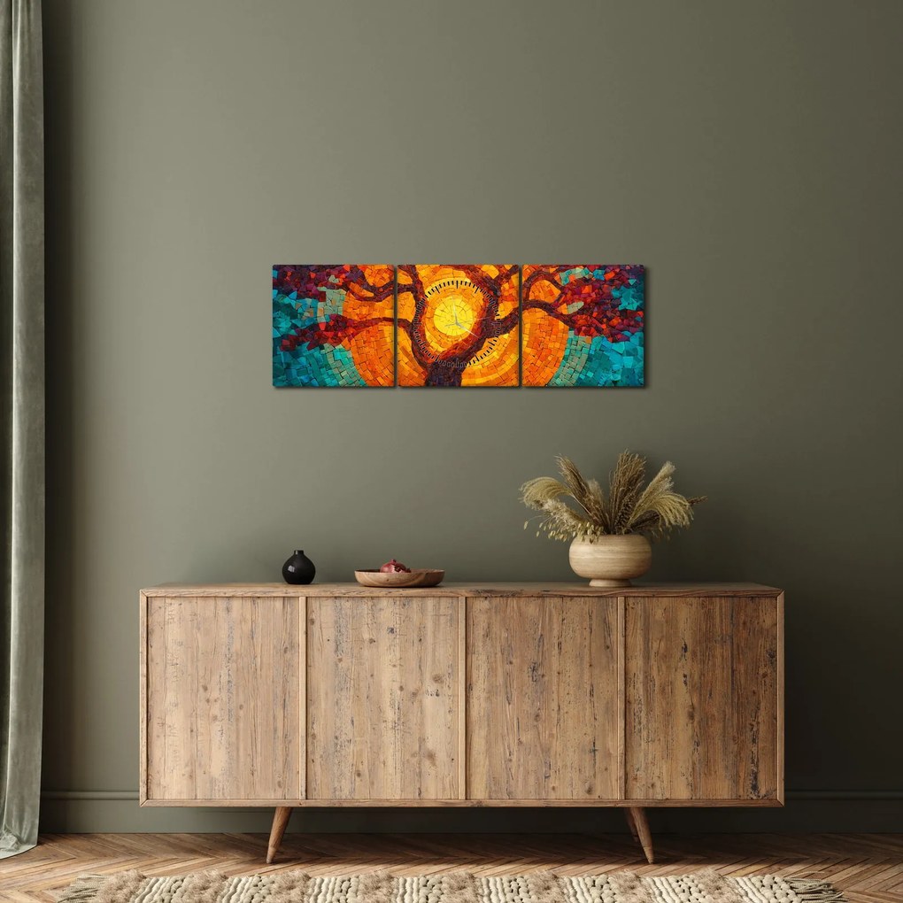 Obraz - Strom života a slnko v mozaike (s hodinami) (90x30 cm)