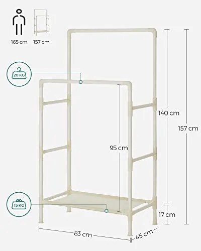Stojan na oblečenie, 2 závesné tyče, 1 polica, 154x84x44cm, biely
