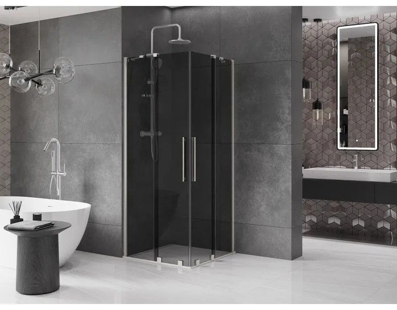 Mexen Velar Duo, sprchový kút s posuvnými dverami 90 x 90 cm, 8mm šedé sklo, brúsená oceľ, 871-090-090-42-97