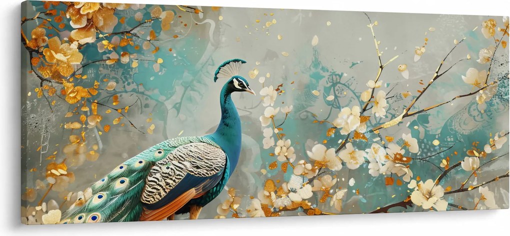 Obraz - Páv so zlatým dekorom (120x50 cm)