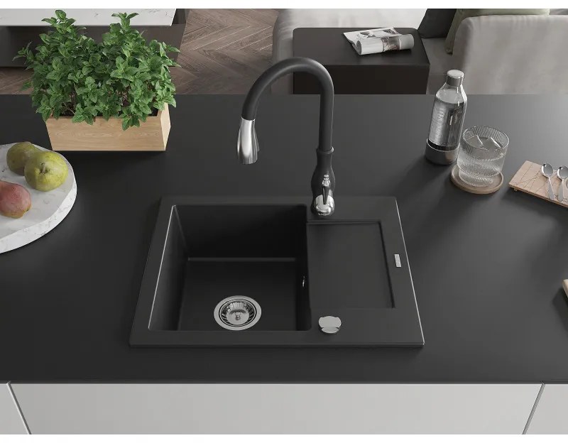 Mexen Enzo, 1-komorový granitový drez 576x465x174 mm a drezová batéria Savita, čierna, 6506-77-672601-70