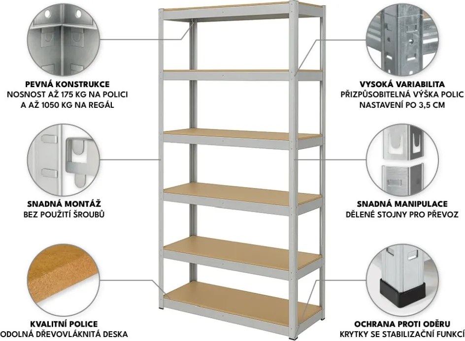 Regál 220x100x60 cm pozinkovaný 6-policový, nosnosť 1050 kg