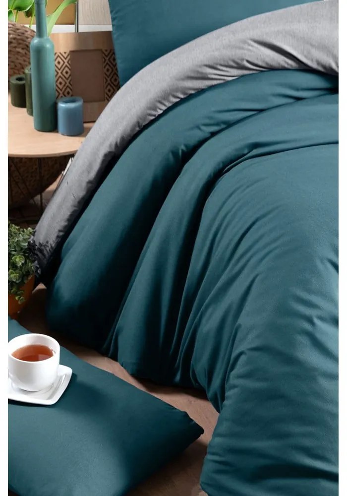 Bavlnené obliečky na jednolôžko/predĺžené s plachtou v petrolejovej farbe/sivej 160x220 cm - Mila Home