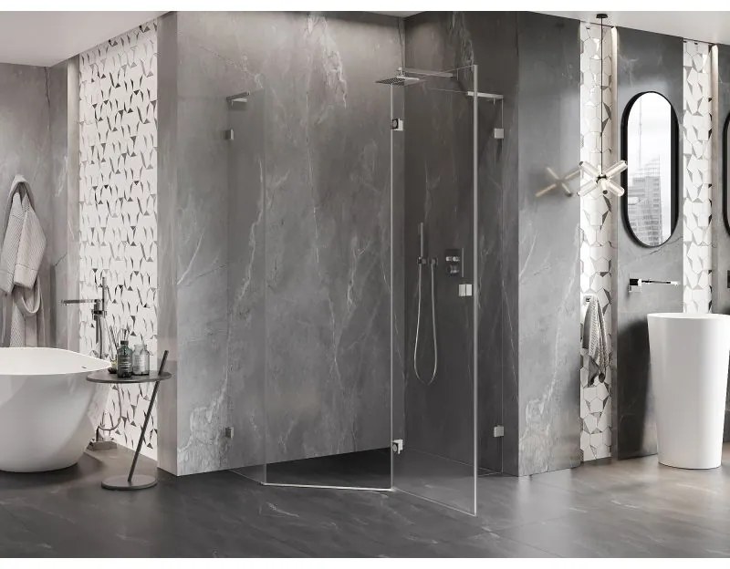 Mexen Lunar, L pravý výklopný päťuholníkový sprchový kút 100x80 cm, 8mm číre sklo, oceľový profil, 831L-100P-080L-97-00-P