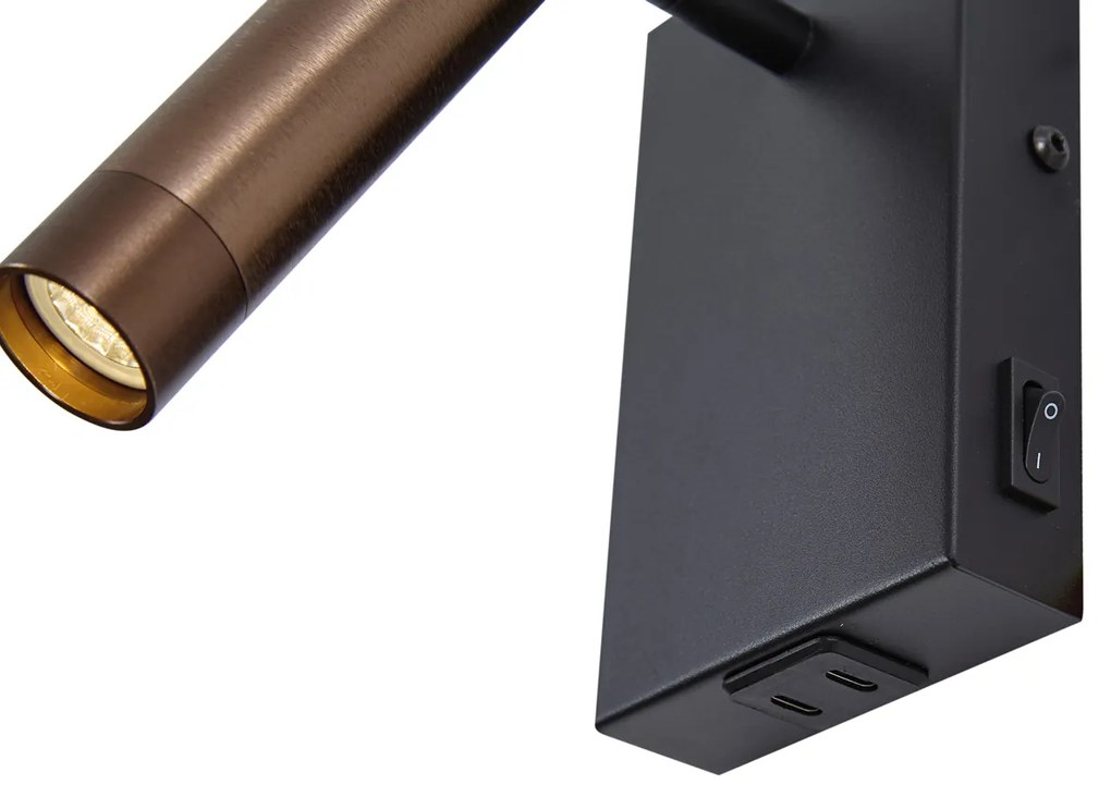 Moderné nástenné svietidlo čierne s tmavým bronzom nastaviteľné s USB-C - Croft