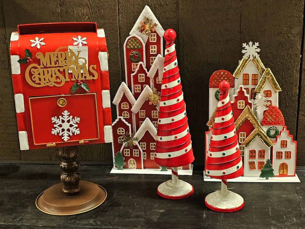 Bielo-červená kovová dekorácia vianočný stromček Christmas Tree - Ø 13*49 cm