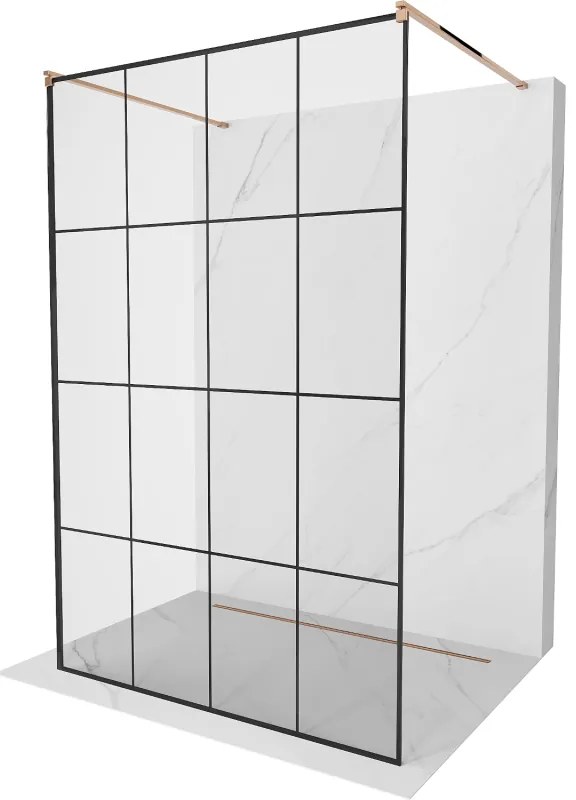 Mexen Kioto, priechodná sprchová zástena Walk-in 150 x 200 cm, 8mm číre sklo-čierny vzor, profil ružové zlato, 800-150-002-60-77