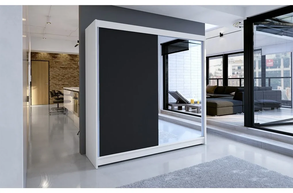 Šatníková skriňa s posuvnými dverami Bar I, Farby: biela / čierna, Osvetlenie: osvetlenie LED RGB - farebné