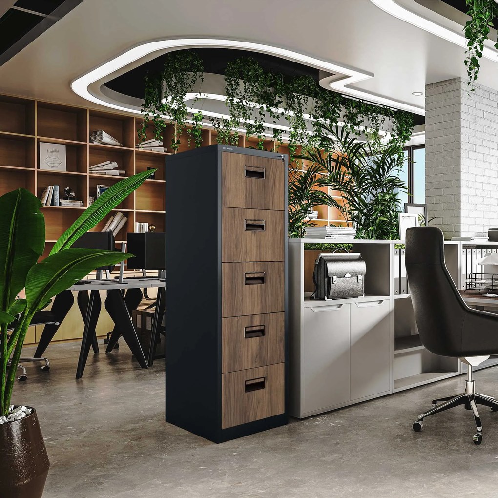 Kovová kartotéka, 5 zásuviek SARA V5, 460 x 1625.5 x 620 mm, Eco Design: antracitová/ orech