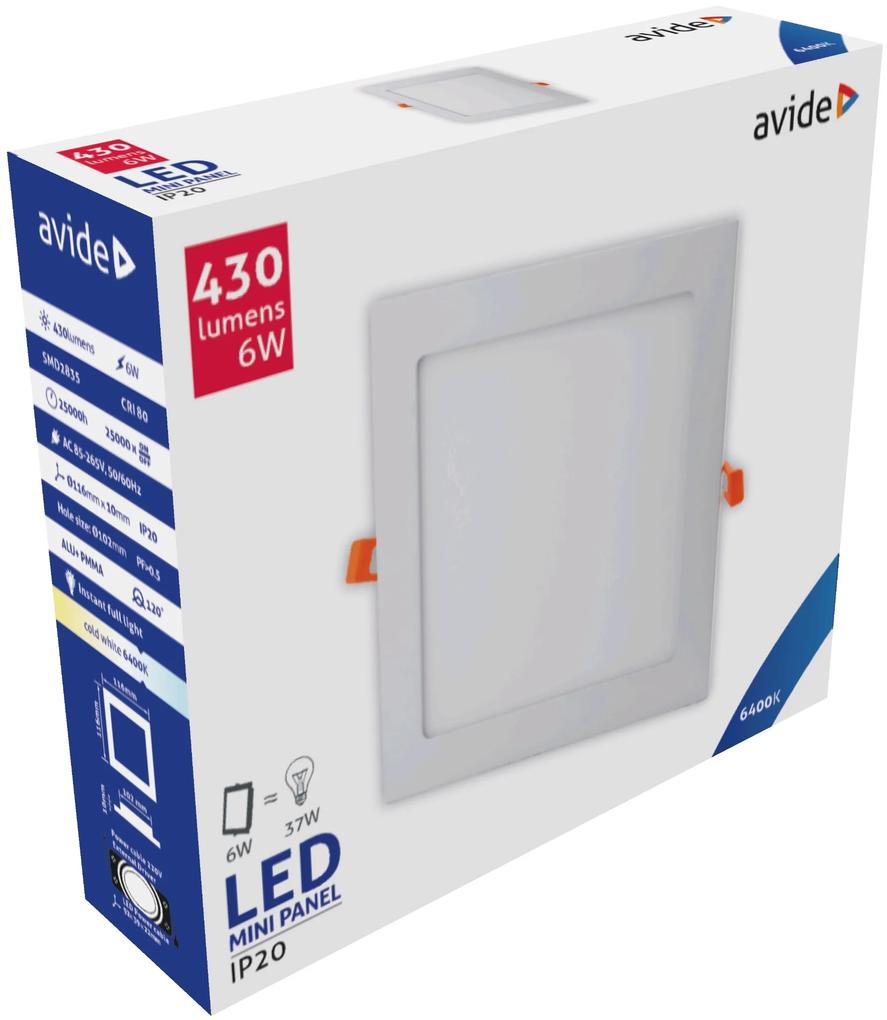 AVIDE Zápustný LED panel, 6W, studená biela, 12x12cm, štvorec, biely
