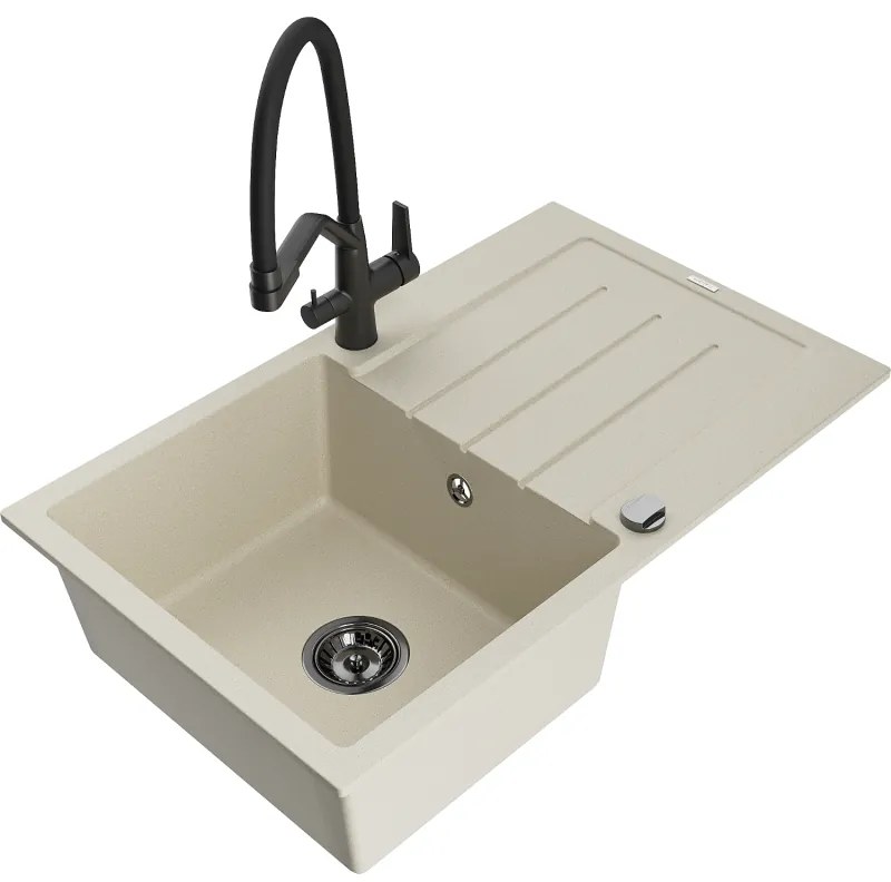 Mexen Bruno, 1-komorový granitový drez 795x495x200 mm a drezová batéria Duo, béžová, 6513-69-671701-70-B