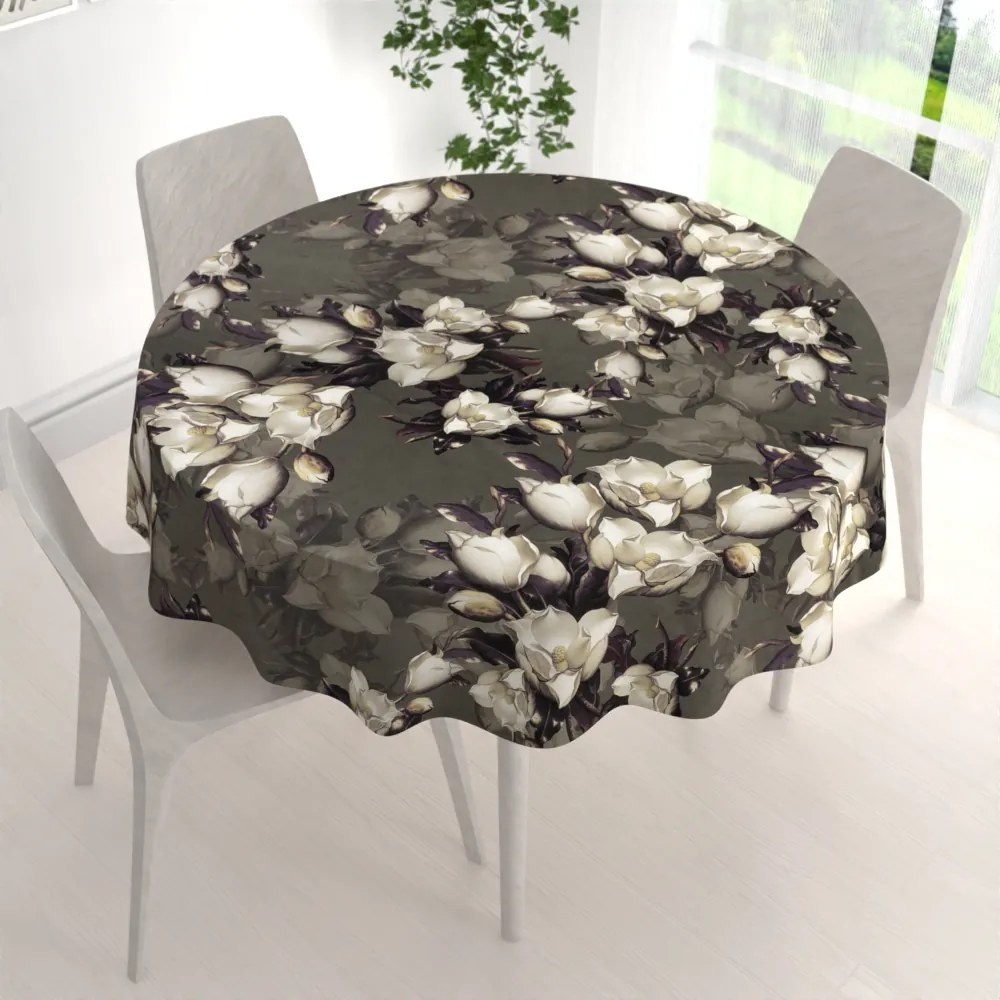 Biante Zamatový okrúhly obrus Tamara TMR-034 Kvety gardénie na hnedosivom Ø 80 cm