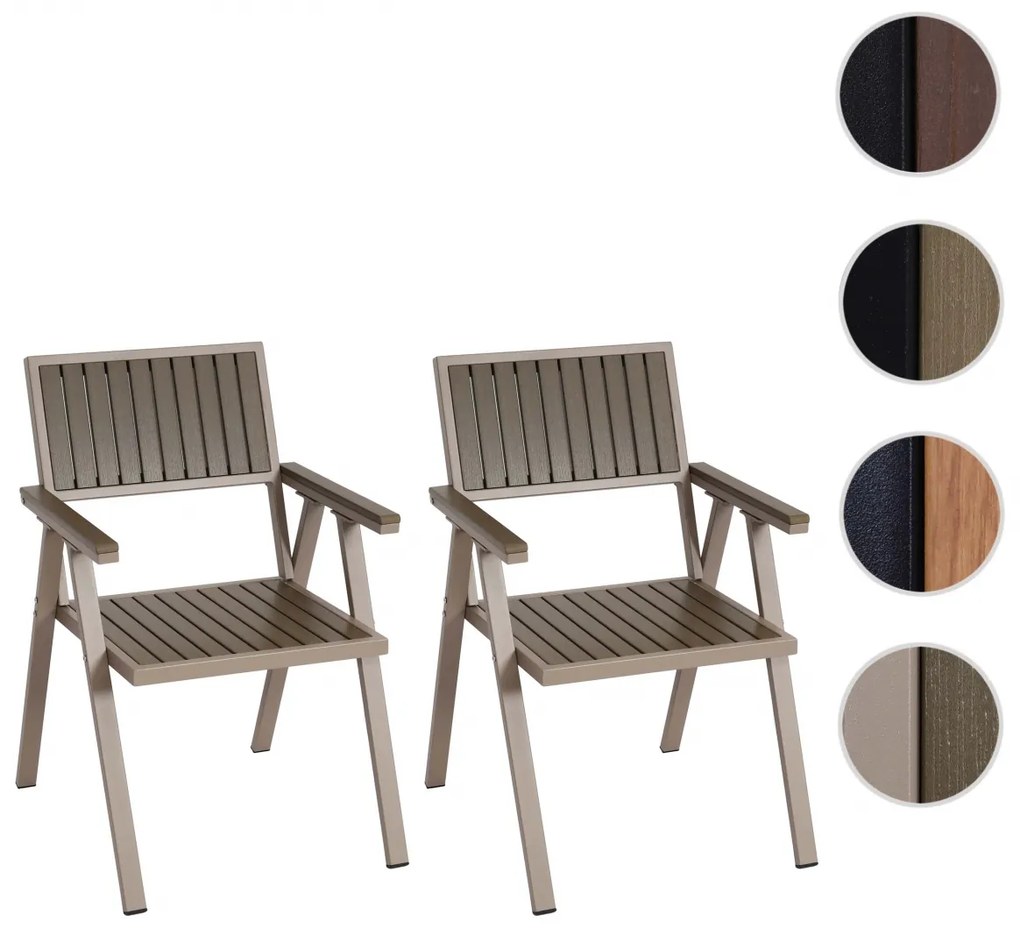 Set 2 záhradných stoličiek HWC-J95, hliník imitácia dreva - rám šampanské, sivá