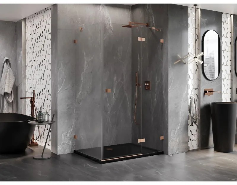 Mexen Lunar, pravostranný výklopný sprchový kút 70 x 80 cm, 8mm číre sklo, medený matný profil, 834-070-080-65-00-P