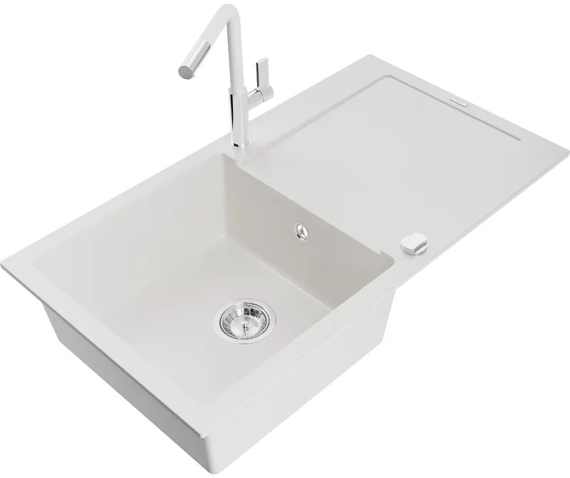 Mexen Leo, 1-komorový granitový drez 900x500x190 mm a drezová batéria Flora, biela, 6501-20-670401-02