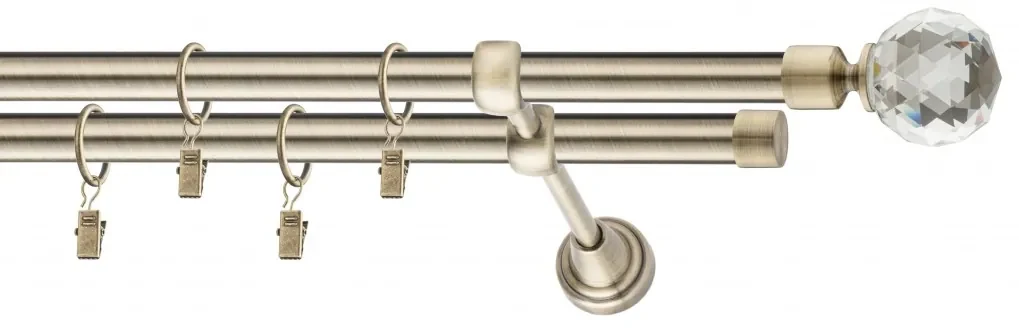 Dekorstudio Mosadzná dvojradová garniža CRYSTAL 19mm Dĺžka: 420cm, Typ uchytenia: Držiak dvojitý otvorený, Typ príslušenstva: Krúžky tiché so štipcami