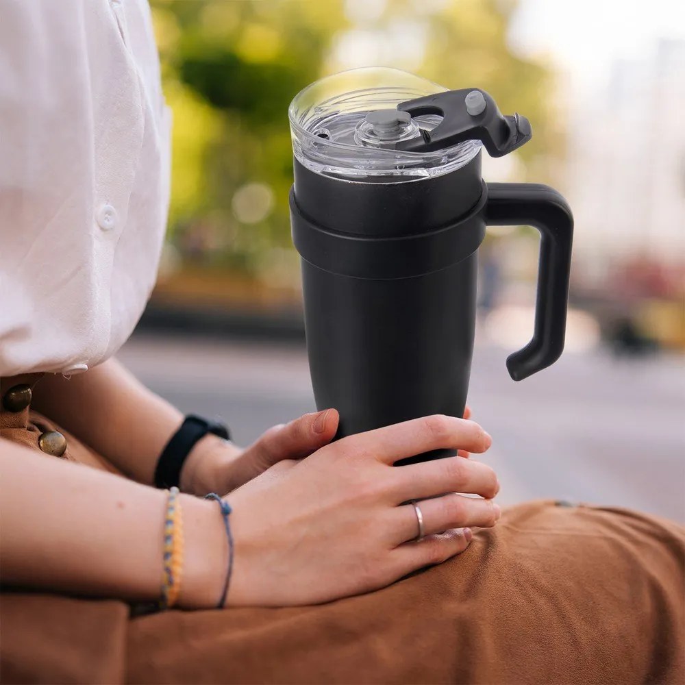 Čierny termo hrnček so slamkou 1,2 l Termo – Orion