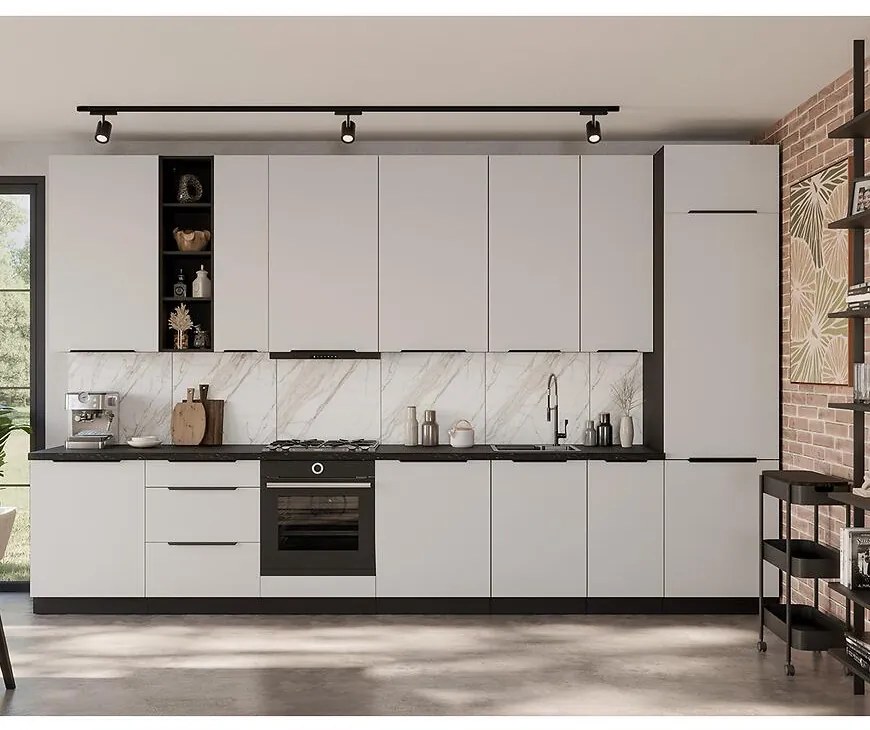 Kuchynská linka Aria WH/BL 390 cm bez kuchynskej dosky