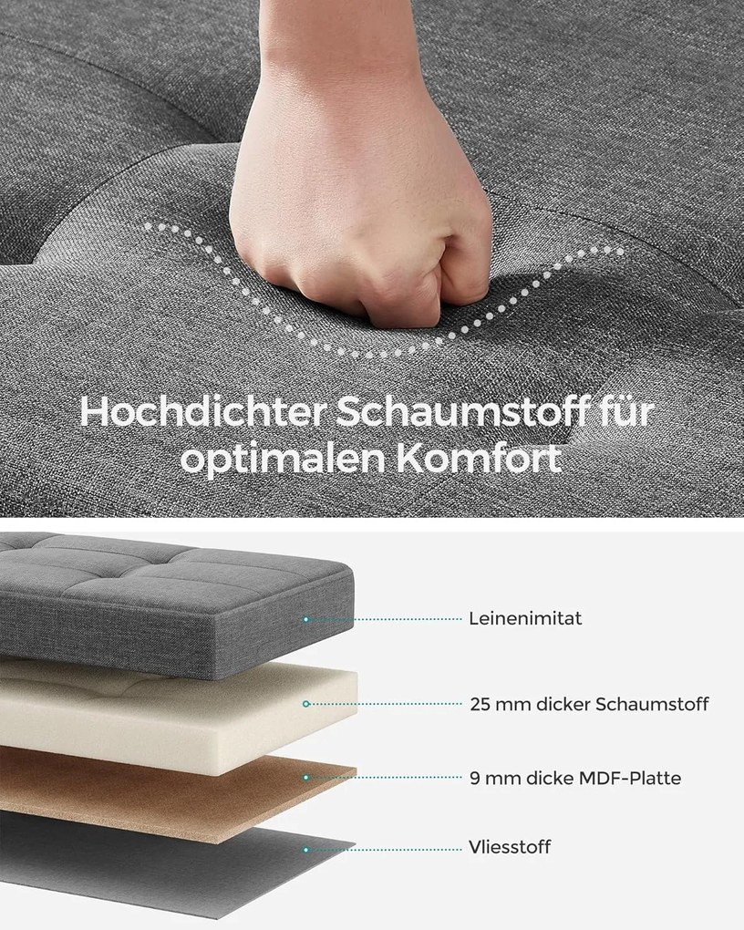 Taburetka s úložným priestorom, Skladacia lavica s nohami, 38 x 110 x 40 cm, sivá