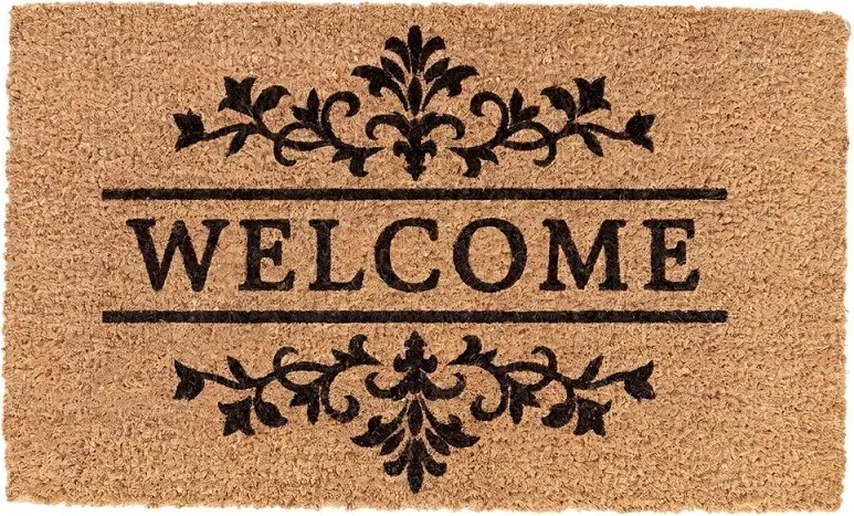 Hnedá kokosová rohožka s ornamentami Welcome - 75*45*1 cm