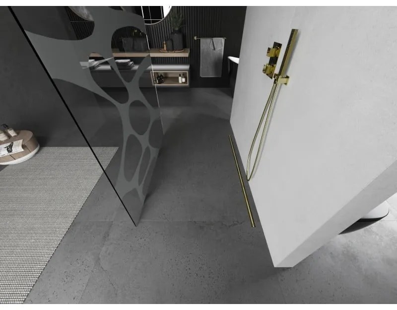 Mexen Kioto, sprchová zástena Walk-In 110 x 200 cm, 8mm číre sklo biely vzor, zlatý matný profil, 800-110-002-55-97