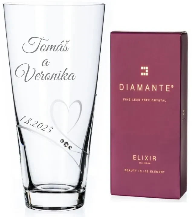 Dekorant svatby Svadobná kónická váza s menami zdobená Swarovski kamienkami Romance 25 cm