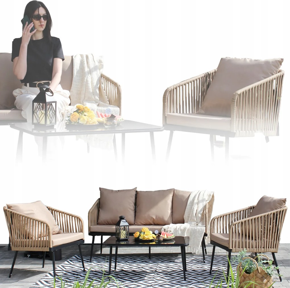 CH Béžová súprava záhradného nábytku z tkaného lana