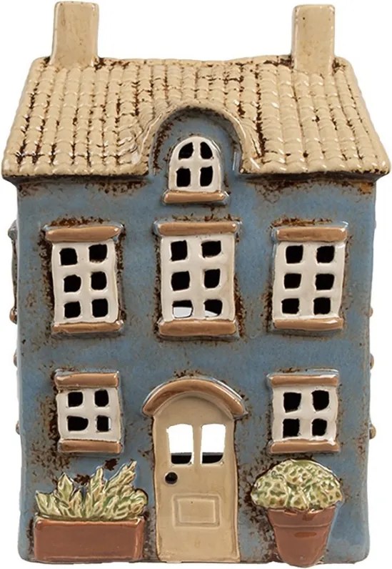 Modrý keramický svietnik na čajovú sviečku domček Amster Village - 16*10*23 cm