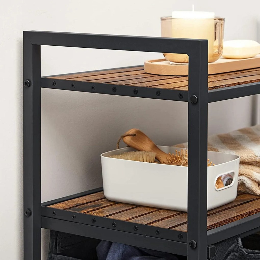 Kôš na bielizeň, s 2 vyťahovacími a odnímateľnými vakmi 2x46 L, rustikálne hnedý a čierny