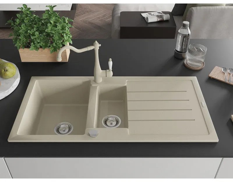 Mexen Andres, granitový drez 1000x500x200 mm, 1,5-komorový a drezová batéria Carla, béžová, 6515-69-670700-69