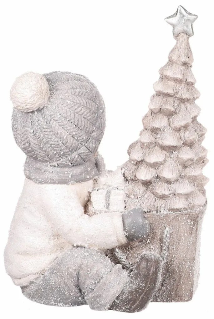 Vianočná dekorácia Chlapček pri stromčeku s LED osvetlením, MgO keramika, 39 cm