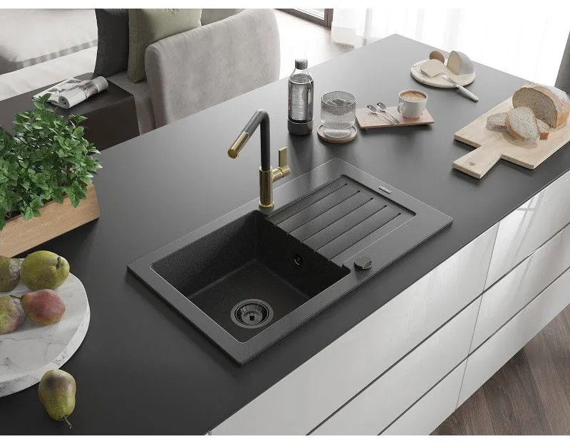 Mexen Pablo, 1-komorový granitový drez 752x436x161 mm a drezová batéria Flora, čierna škvrnitá, 6510-76-670401-57-B