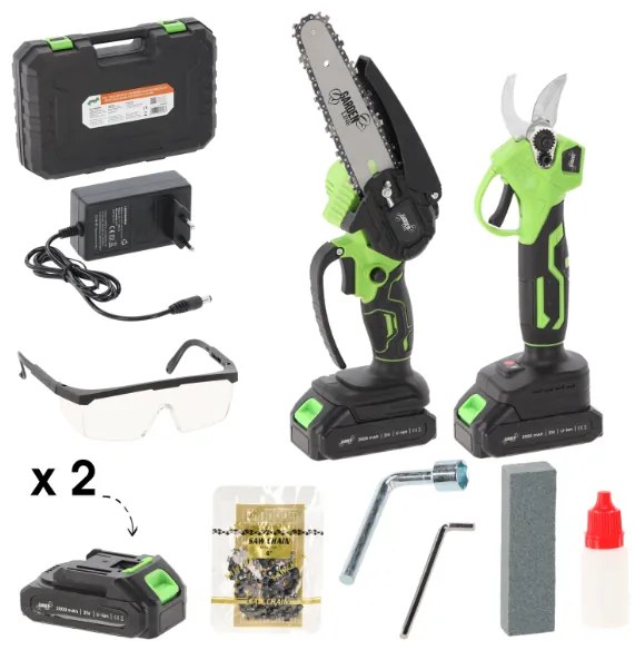 Sada akumulátorových záhradných nástrojov – píla a nožnice na konáre