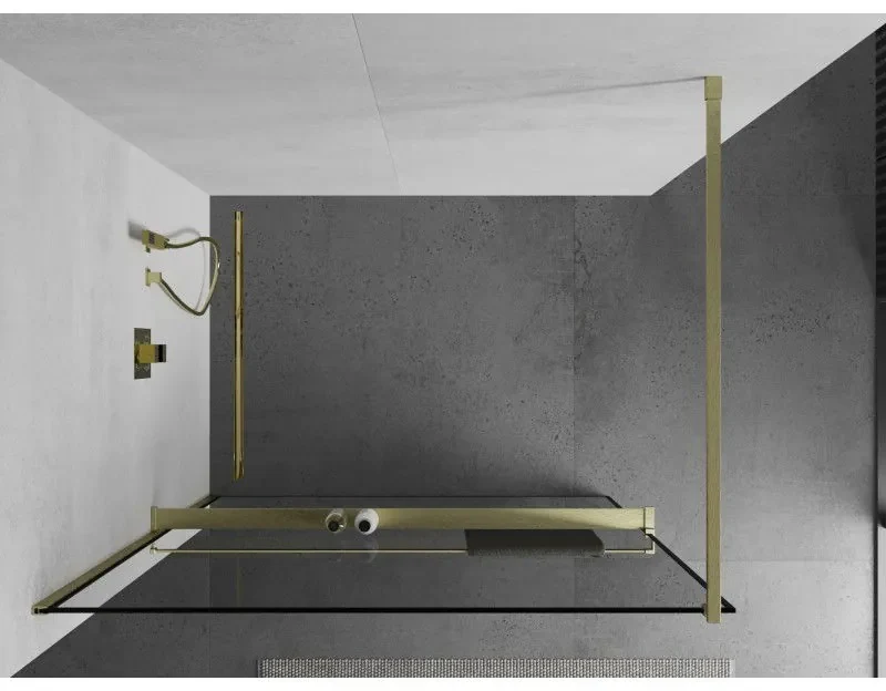 Mexen Kioto+, sprchová zástena Walk-In s poličkou a vešiakom 70 x 200 cm, 8mm číre sklo čierny vzor, zlatý matný profil, 800-070-121-55-70