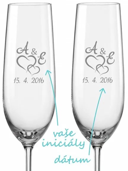 Svadobné poháre na sekt Spojená srdce s monogramy, 2 ks