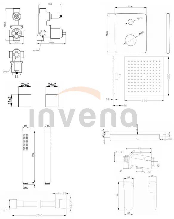 Invena Siros, podomietková sprchová sada s 2-výstupovým telesom, čierna matná, INV-BS-90-010-A