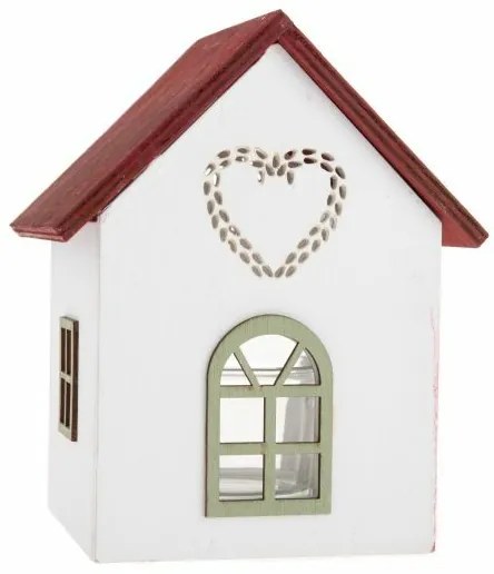 Drevený svietnik so skleneným domčekom so srdcom,15 cm, červený