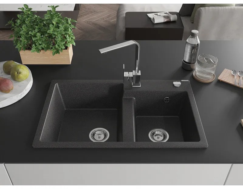 Mexen Tomas, granitový drez 800x500x190 mm, 2-komorový a chrómová batéria Rita, čierna škvrnitá, 6516-76-670300-00