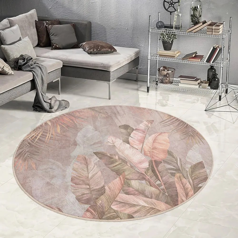 Svetloružový prateľný okrúhly koberec ø 150 cm Dusty Leaves – Mila Home